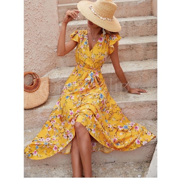Floral Dress Surplice Overlapping V Neck Fit & Flare Maxi Long Yellow Tie Belt - Picture 5 of 8